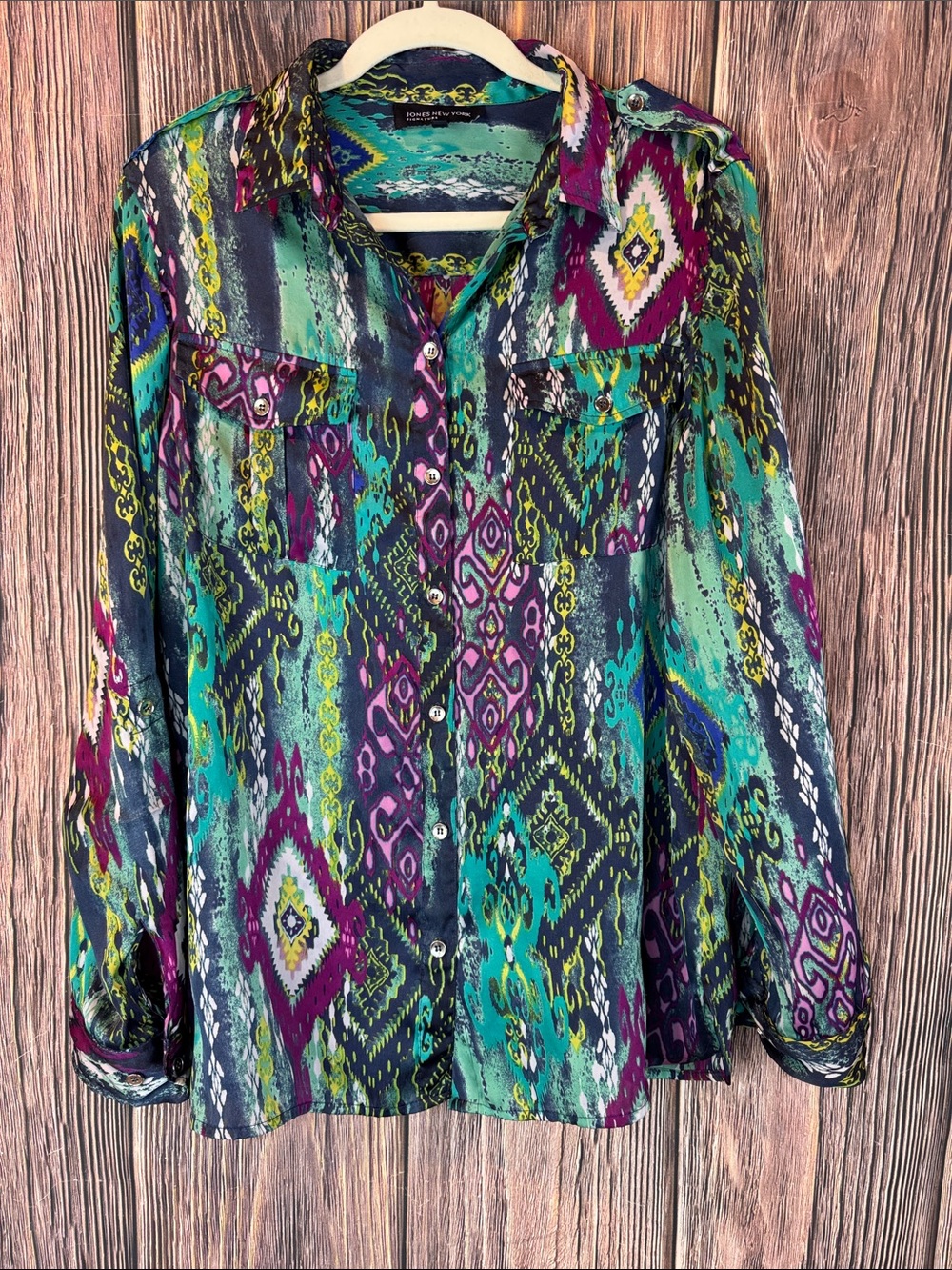 Jones New York Teal & Purple Printed Button-Down Shirt